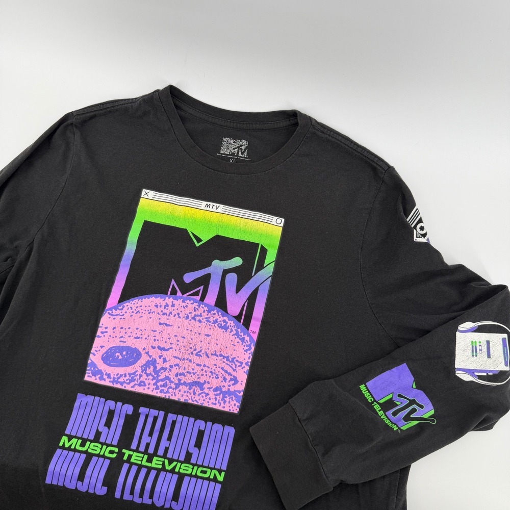 Vintage MTV Music Television Long Sleeve Graphic Tee Black Neon Vaporwave XL